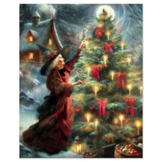 a painting of a woman standing next to a christmas tree with lit candles on it