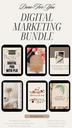 the digital marketing bundle is shown in black and white, with floral designs on it