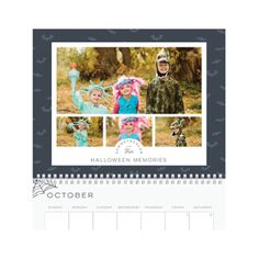 a calendar with three pictures of people in costumes on it and the words halloween memories