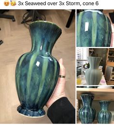 there are several pictures of different vases in the same photo, and one is being held up