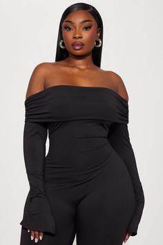 Available In Black, Ivory, And Turquoise. Jumpsuit Long Sleeve Off Shoulder Back Cut Out Straight Leg Stretch Inseam= 33" 80% Polyester 20% Spandex Imported | Raelyn Jumpsuit in Black size Large by Fashion Nova Stretch Off-shoulder Bodysuit For Evening, Stretch Off-shoulder Evening Bodysuit, Fitted Off-shoulder Solid Bodysuit, Off-shoulder Stretch Bodysuit, Stretch Off-shoulder Elastane Bodysuit, Stretch Elastane Off-shoulder Bodysuit, Off-shoulder Stretch Jumpsuit For Night Out, Stretch Off-shoulder Jumpsuit For Night Out, Off-shoulder Fitted Bodysuit For Night Out