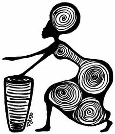 a black and white drawing of a woman holding a vase with spiral designs on it