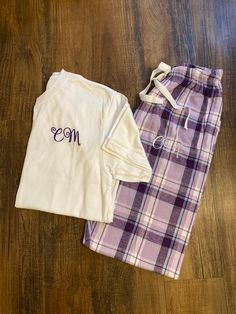 *Purple Flannel PJ Pant and Crew Neck Tee Pajama Set-  Paired together make a great personalized comfy pj set!  Great for groups!!  Pants:  4 oz., 100% double-brushed cotton flannel Pockets Cotton, twill tape tie Full-length Adult Size S-2XL Size Chart:  (See photo)  Unisex Crew Neck Tee:  Available in white, purple or oxford heather grey 50/50 POLYESTER COTTON BRUSHED JERSEY 145GSM 4.28oz Sizes:  Adult  xxs- 3xl See Size chart in photos Please copy and paste the following information in notes t Plaid Cotton Sleepwear For Sleepover, Plaid Cotton Loungewear Sets, Plaid Cotton Sleep Sets, Plaid Cotton Sleepwear Sets, Plaid Cotton Sleepover Sets, Plaid Cotton Sets For Sleepover, Casual Lavender Cotton Sleepwear, Purple Relaxed Fit Loungewear Set, Purple Cotton Sleepwear For Loungewear