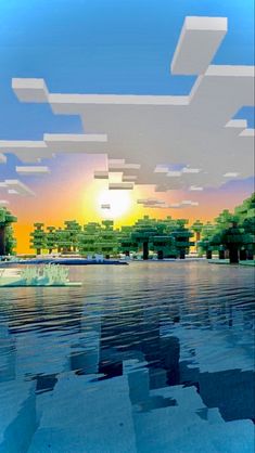 an image of the sun setting over water with trees in the background and sky reflected on the water