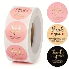 three pink and gold thank stickers with the words thank you written on each one