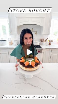 a woman holding up a cake on top of a white counter in a kitchen with the words store - bought cheesecake makeover