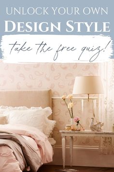 a bedroom with pink and white decor on the walls, bedding and nightstands