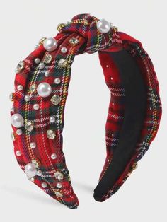 This fabric headband is bejeweled with accent rhinestones in Christmas colors with a top knot accent. Perfect for any holiday party! Plaid Headband, Holiday Headbands, Diamond Knot, Fabric Headbands, White Headband, Zoom Call, Holiday Outfit, Holiday Wardrobe, Pearl Headband