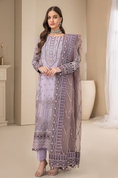 Lilac Embroidered Pakistani Salwar Suit with Salwar Kameez Dupatta is a stunning attire that will give you an ethnic look on the big day. Premium quality fabric and lavish designs on this masterpiece make it the epitome of beauty and your foremost priority. Pakistani Kameez: The kameez has an alluring purple color and it is emblazoned with embroidery and threads. The front of this purple kameez is intricately adorned with graceful designs, making it a perfect choice to wear on the festive occasi Pakistani Salwar Suit, Indian Salwar, Pakistani Salwar, Indian Salwar Kameez, Organza Sleeves, Dress Salwar Kameez, Pakistani Salwar Kameez, Ethnic Looks, Organza Dupatta