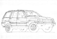 a black and white drawing of a jeep with wheels on it's rims