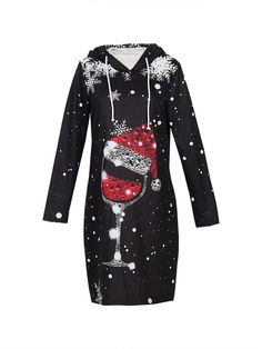 Women's Christmas Wine Glass Printed Hoodie Casual Long Sleeve Dresses Autumn Fashion Model Autumn Casual Long Sleeve Dresses, Dresses Autumn, Long Sleeve Dresses, Long Sleeve Casual Dress, Christmas Wine, Sleeve Dresses, Evening Attire, Christmas Women, Casual Hoodie