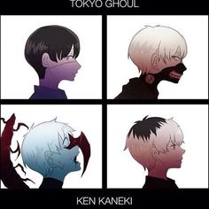 four different anime avatars with the words tokyo ghoul written in black and white