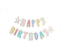 the words happy birthday are spelled out in multicolored letters on a white background