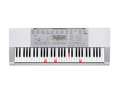 the electronic keyboard is white and has red keys