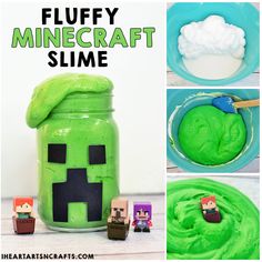 a collage of pictures showing how to make a fluffy minecraft slime