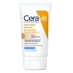 CeraVe Hydrating Mineral Sunscreen Face Sheer Tint SPF 30 provides UVA/UVB protection with 100%-mineral titanium dioxide and zinc oxide, forming a barrier on the surface of your skin to reflect the sun's rays. Mineral sunscreen for face with tint is non-greasy and suitable for sensitive skin. Facial sunscreen lotion seamlessly blends into most skin tones to offset the whitening effect of mineral sunscreen. Mineral face sunscreen with a tint is formulated with soothing niacinamide and hyaluronic Tinted Sunscreen, Physical Sunscreen, Tinted Spf, Best Sunscreens, Glow Skin, Facial Sunscreen, Skin Allergies, Zinc Oxide, Protector Solar