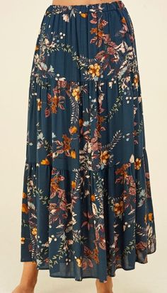 Floral Teal Layered Maxi Skirt - Made in USA - Kin Trading Post Twilight Shifting, Flora Skirt, Romantic Boho Style, Layered Maxi Skirt, Long Cotton Skirt, Skirts And Blouses, Sophisticated Casual, Unique Clothes For Women, Leopard Print Skirt