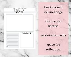 the printable tarot journal page is shown on a marble surface with pink and black ink