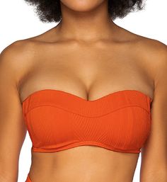 A rich texture gives this solid-color bandeau swim top an elegant look. A detachable halter strap gives you a strapless option to work on your tan without lines! Made of recycled nylon, spandex, and polyester. Contour, lightly padded cups shape and support you. Wireless cup for comfort. Seamed overlay has a curved seam at top. Covered elastic underband sustains the fit. Sewn-on elastic at inner top edge has silicone gripper elastic to keep the top up during strapless wear. Flexible boning at the Solid Strapless Swimwear With Removable Bra Pads, Solid Color Padded Bandeau Swimwear, Halter Strap, S Hook, Black Sand, Bandeau Top, Swim Top, Bra Sizes, Swimming