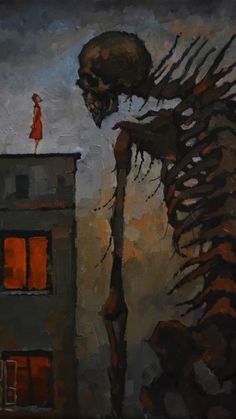 a painting of a woman standing on top of a building next to a giant skeleton