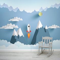 Skyrocket Wallpaper In Room With Rocking Baby Wooden Chair In Grey Baby Room Mural, Seaside Wallpaper, Landscape Mural, Nursery Accent Wall, Stylish Nursery, Abstract Wallpaper Design, Mountain Wallpaper, Botanical Wallpaper, Orange Wallpaper