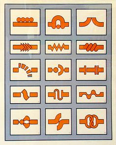 an orange and white poster with different types of electrical symbols on it's side