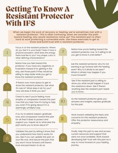 When starting the healing journey of IFS, you're likely to come across a resistant protector. This part may be concerned about the vulnerability of letting you get to know your inner world. Use this guided exercise to build a more trusting respectful relationship with this protector as you build the Self-to-part relationship. Parts Work, Somatic Healing, Internal Family Systems, Family Systems, Mental Health Counseling, Mental Health Therapy, Group Therapy