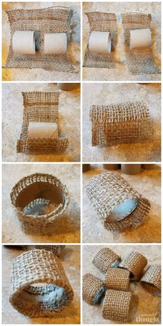 the steps to make a basket with toilet paper rolls and other things in it, including a roll of toilet paper