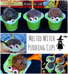 halloween treats in cups with googly eyes and sprinkles on them for kids to make