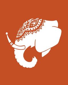 an elephant's head is shown in red and white on a orange background with the word