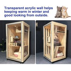 a cat sitting on the floor next to a wooden box with its door open and another photo showing it inside