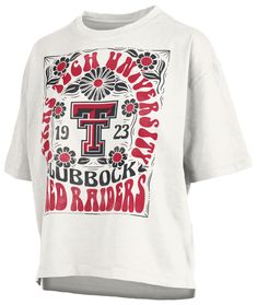 Design Short sleeve, crew-neck t-shirt Ribbed, tagless collar with interior taping Slight drop tail Feminine fit Style and Team Spirit Screen-printed vintage looking team graphics Pressbox® logo tag Additional Details Machine washable Officially licensed product Cheer Shirt, Cheer Shirts, Texas Tech Red Raiders, Red Raiders, Texas Tech, Logo Tag, Fit Style, Shirt Ideas, Team Spirit