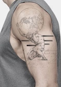 a man with a tattoo on his arm and shoulder holding a globe in one hand