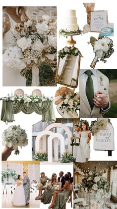 a collage of photos with flowers, greenery and other things to do on the wedding day