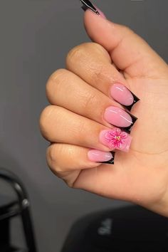 Short Acrylic Nails Black And Pink, Short Pink Acrylic Nails Design, Short Square Gel X Nails, Black Short French Tip Nails, Nails Short Birthday, Black And Pink Short Nails, Short Baddie Nail Ideas, Black Acrylic Nails Short, Pink On Pink French Nails