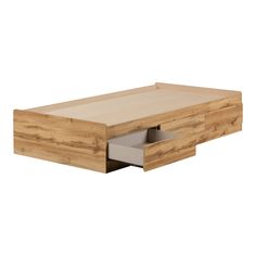 a wooden bed frame with two drawers on the bottom and an open drawer underneath it