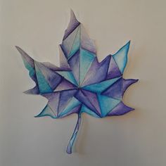 a drawing of a blue and purple leaf on a white wall with water droplets coming out of it