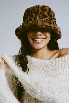 The Gift Shop | Unique Gifts + Holiday Gift Ideas | Free People Animal Print Hat Outfit, Faux Fur Hat Outfit, Winter Bucket Hat Outfit, Hat Photoshoot Ideas, Panama Hat Outfit, Fur Hat Outfit, Cheetah Hat, Leopard Bucket Hat, Leopard Print Hat