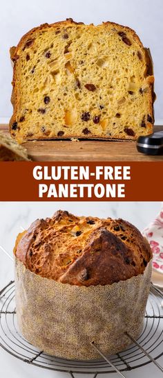 a loaf of gluten - free panettone on a cooling rack with text overlay