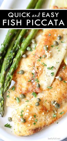 chicken and easy fish piccata on a plate with asparagus