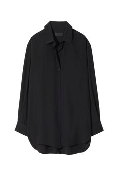 Oversized long-sleeved button-front shirt in fluid silk crepe de chine. Dropped shoulder. Spread collar. Shirred back yoke. Curved shirttail hem. Minimally styled with clean front and tonal buttons. Made in USA 100% SILK Model wears size S.Size S measures approximately 28 1/2" front body length, 20 1/4" across shoulders, 47” chest circumference, 47” hem circumference, 31 1/2” sleeve length from center back neck. Transitional Dressing, Winter Capsule Wardrobe, Nili Lotan, Woven Top, Night Looks, Button Front Shirt, Silk Crepe, Active Wear Tops, Moda Operandi