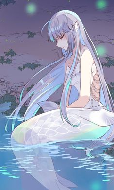 a woman with long hair sitting on top of a white mermaid in the water at night