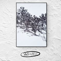 a black and white drawing of trees in the snow