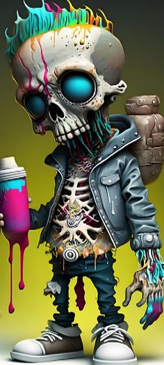 a painting of a skeleton holding a cup and wearing a jacket with splatters on it