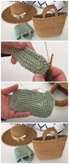 three pictures showing how to make a crochet purse