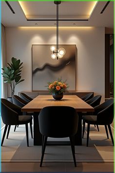 a dining room table with black chairs and a large painting on the wall