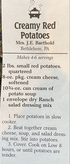 a menu for creamy red potatoes with instructions