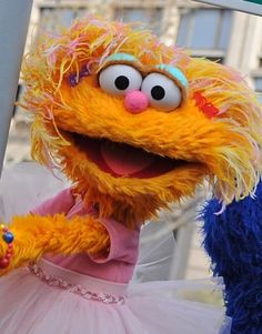 the sesame street characters are dressed up in their costumes for an outdoor event, and one is wearing a tutu while the other wears a pink dress