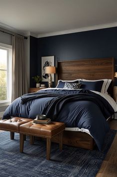 #masterbedroom #bedroomdecor #interiordesign #homedecor #bedroomideas #bedroominspiration #interiordecor #homeimprovement #designideas Dark Wood And Navy Bedroom, Navy And Wood Bedroom, Blue Bedroom Ideas For Men, Deep Blue Bedroom, Bachelor Bedroom Ideas, Navy Bedroom Ideas, Navy Blue Bedroom Ideas, Bachelor Bedroom, How To Mix Colors