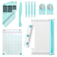 various office supplies including rulers, rulers and other items on a white background with clipping lines